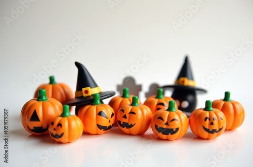 Halloween holiday toy pumpkins, toy caps, toy graves, toy candles, photo