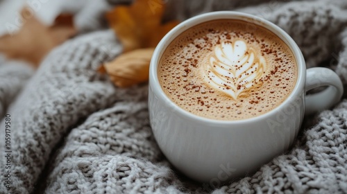Cozy autumn afternoon with a warm cup of latte resting on a textured blanket ...