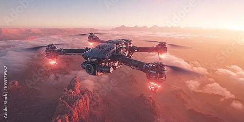 A drone with cameras and lights flying over the red desert, with dust clouds rising from below. The sun is setting in the background, casting long shadows on the rugged terrain. High-resolution photog photo