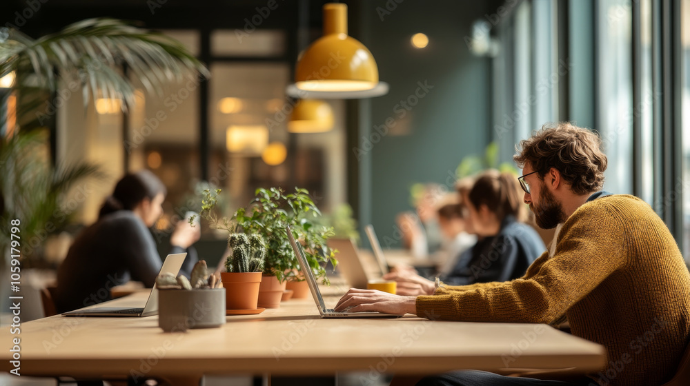 A cozy workspace filled with plants, where individuals are focused on their laptops. warm lighting and modern decor create an inviting atmosphere for productivity and creativity A cozy workspace filled with plants, where individuals are focused on their laptops. warm lighting and modern decor create an inviting atmosphere for productivity and creativity