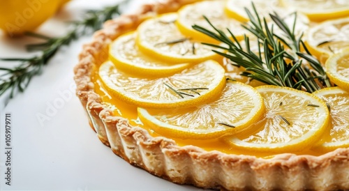 Freshly baked lemon tart with rosemary garnishing on a white background durin...
