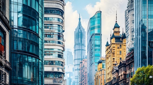 Blending of Old and New Architecture in a Vibrant Cityscape with Towering Skyscrapers and Historic Landmarks