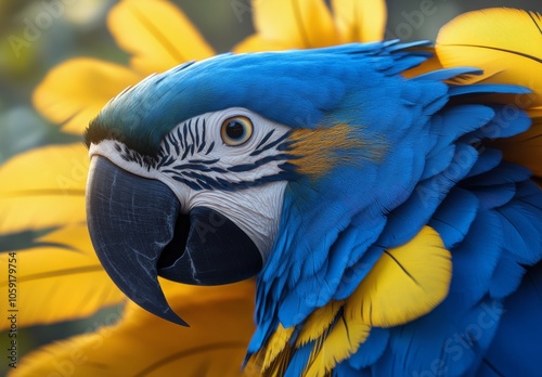 Vibrant blue and yellow macaw perched amidst bright tropical foliage in a lus...