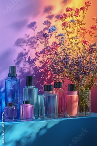 Turquoise skincare products artfully placed with tropical leaves on a pastel ...