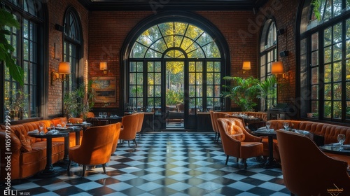 A sunroom with brick walls, a checkered floor, and large windows looking out onto a garden.