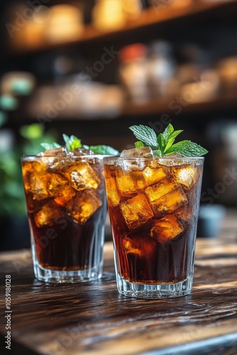 Refreshing glasses of iced beverage with mint leaves served indoors at a cozy...