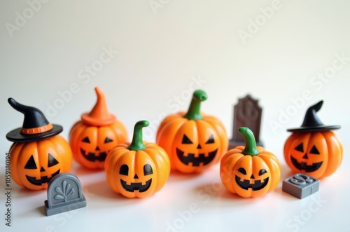 Halloween holiday toy pumpkins, toy caps, toy graves, toy candles, photo