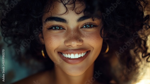 Radiant Smile of a Young Woman with Curly Hair