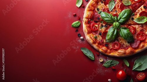 Delicious homemade pizza topped with fresh basil, tomatoes, and olives on a r...