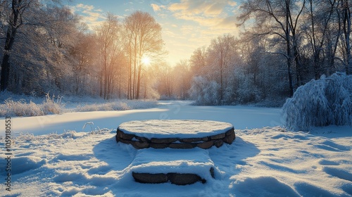 A serene winter landscape with a stone platform overlooking snow-capped mountains at dawn photo