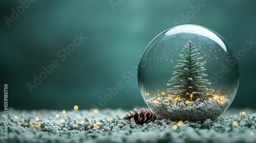 A snow globe featuring a decorated Christmas tree illuminated by soft lights ...