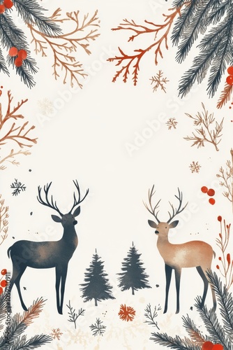Festive reindeer and pine trees pattern in vibrant colors for holiday decorat...