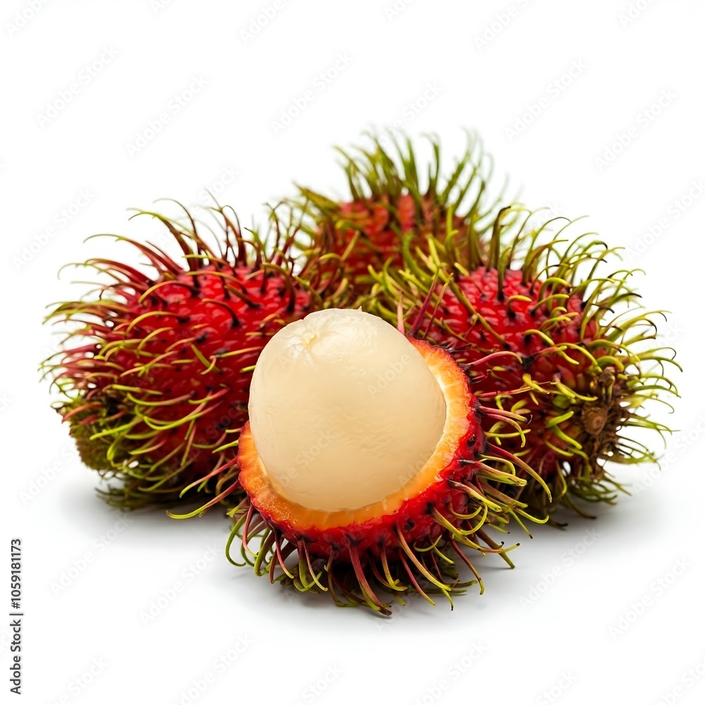Ripe rambutan fruit, one open, showing its creamy flesh. Solid white background. Fresh, vibrant. Ripe rambutan fruit, one open, showing its creamy flesh. Solid white background. Fresh, vibrant.