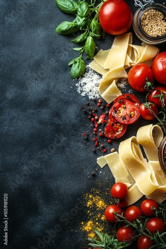 Fresh tomatoes, herbs, and spices arranged on a kitchen countertop for a culi...