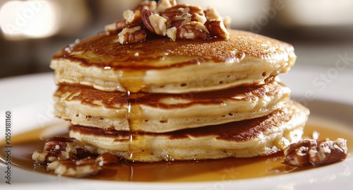 Delicious stack of fluffy pancakes topped with pecans and syrup on a rustic t...