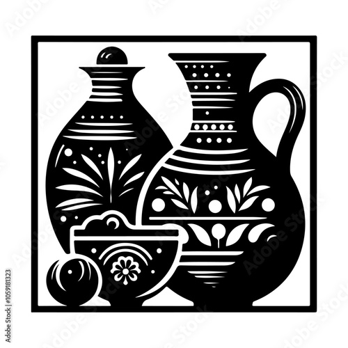 Vase and jar silhouette vector, Floral decoration vase on the wall silhouette vector icon illustration