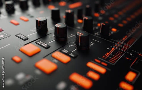 Close-up view of a sound mixer with glowing controls and dials in a recording...