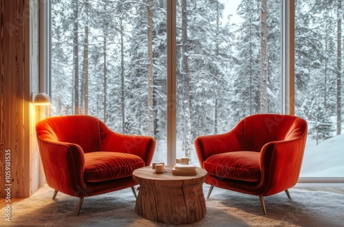 Cozy red chairs by a snowy forest view in a modern cabin during winter