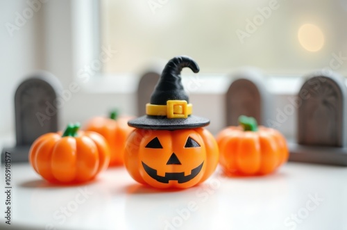 Halloween holiday toy pumpkins, toy caps, toy graves, toy candles, photo