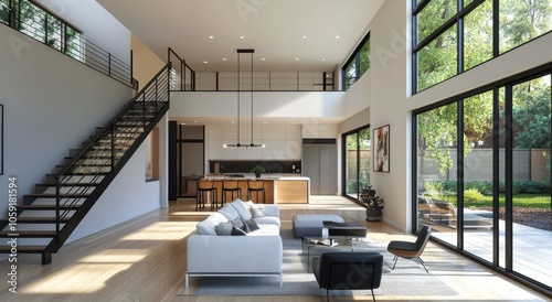 Modern living room and kitchen blend in a bright, open-concept home surrounde...