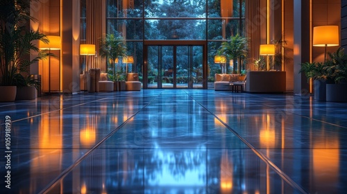 Wallpaper Mural A spacious lobby with a view of the outside.  The glossy floor reflects the warm light from the lamps.  The large glass doors lead to an outside patio with lush green trees. Torontodigital.ca