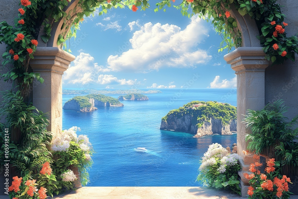Fototapeta premium Island Paradise: A Tranquil View Through a Stone Arch