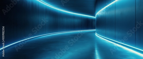 Illuminated corridor with blue lights in a modern architectural setting at night