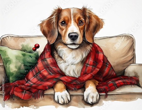 Dog in a red tartan blanket lying on a couch at Christmas watrecolor style illustration photo