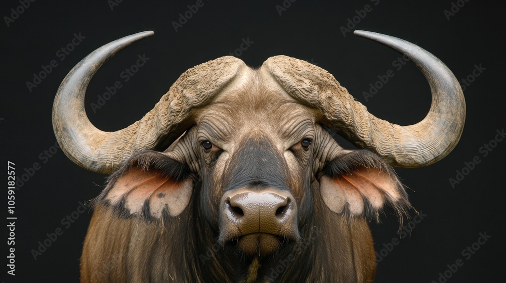 Majestic Bull with Imposing Horns Against Dark Background