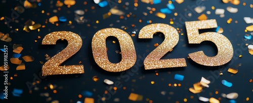 Celebration of the New Year 2025 with golden confetti on a dark background
