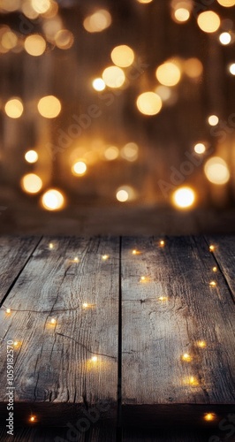 Warm glowing lights illuminate a rustic wooden floor in a cozy, inviting sett...