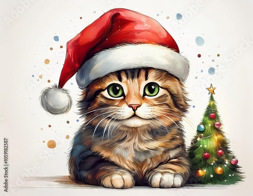 Funny cat in Christmas hat with a tiny Christmas tree watercolor illustartion