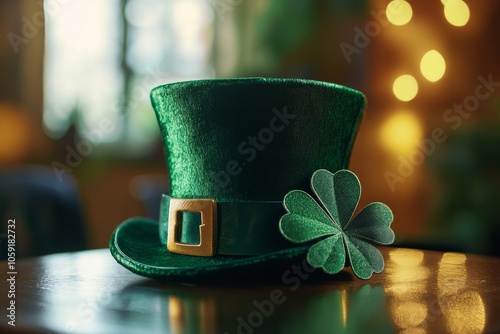 A green top hat adorned with a clover on a wooden table in a cozy setting dur...