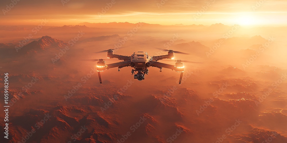 Naklejka premium A drone with cameras and lights flying over the red desert, with dust clouds rising from below. The sun is setting in the background, casting long shadows on the rugged terrain. High-resolution photog