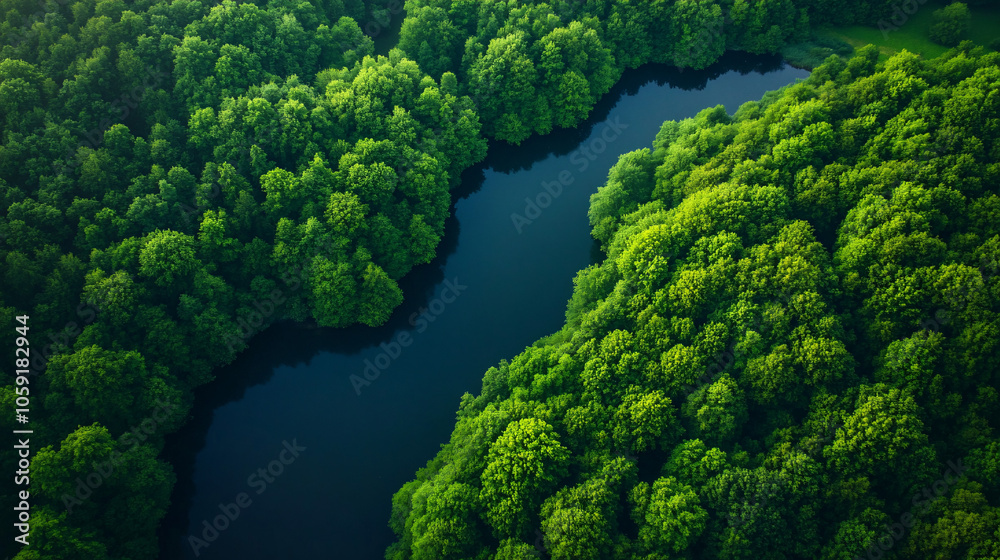 aerial view of lush green forest with serpentine lake aerial view of lush green forest with serpentine lake