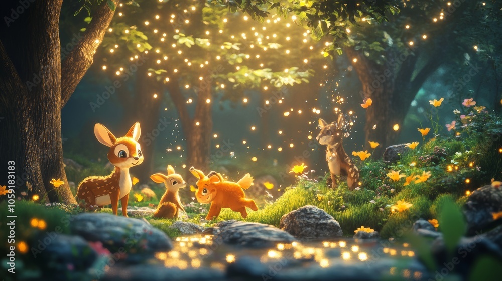 Joyful Animals Playing in Enchanted Forest