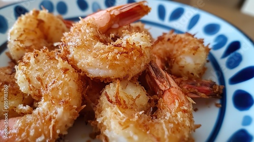 Close-up of crispy coconut shrimp prawns on a plate , appetizer, seafood, delicious, gourmet, fried, breaded, tropical.