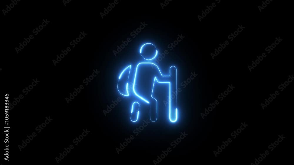 Glowing neon line poor human holding stick icon isolated on black background. Disabled human with blindness. 4K Video motion graphic animation