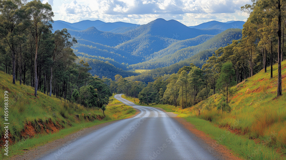 Fototapeta premium Scenic Rural Road Leading Through Green Mountain Valley