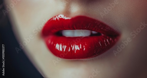 Close-up of glossy red lips in vibrant studio lighting, showcasing beauty and...
