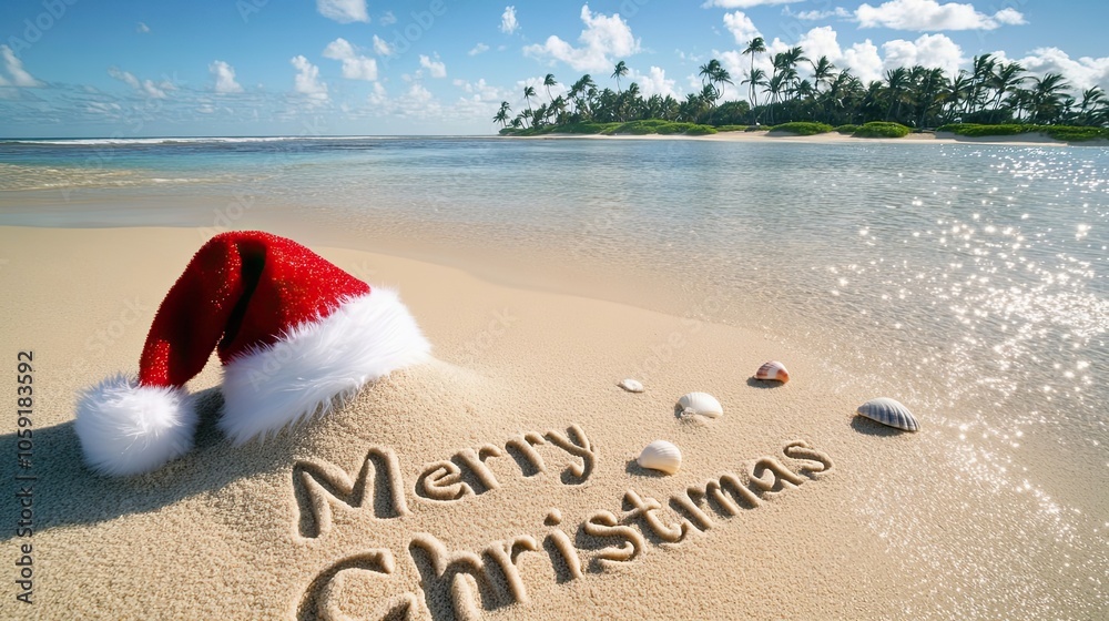 A Santa Hat Resting on a Sandy Beach With A Santa Hat Resting on a Sandy Beach With