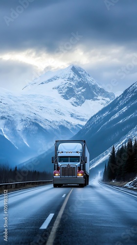 Semi-Truck Driving on a Wet Highway Through Snowy Mountains