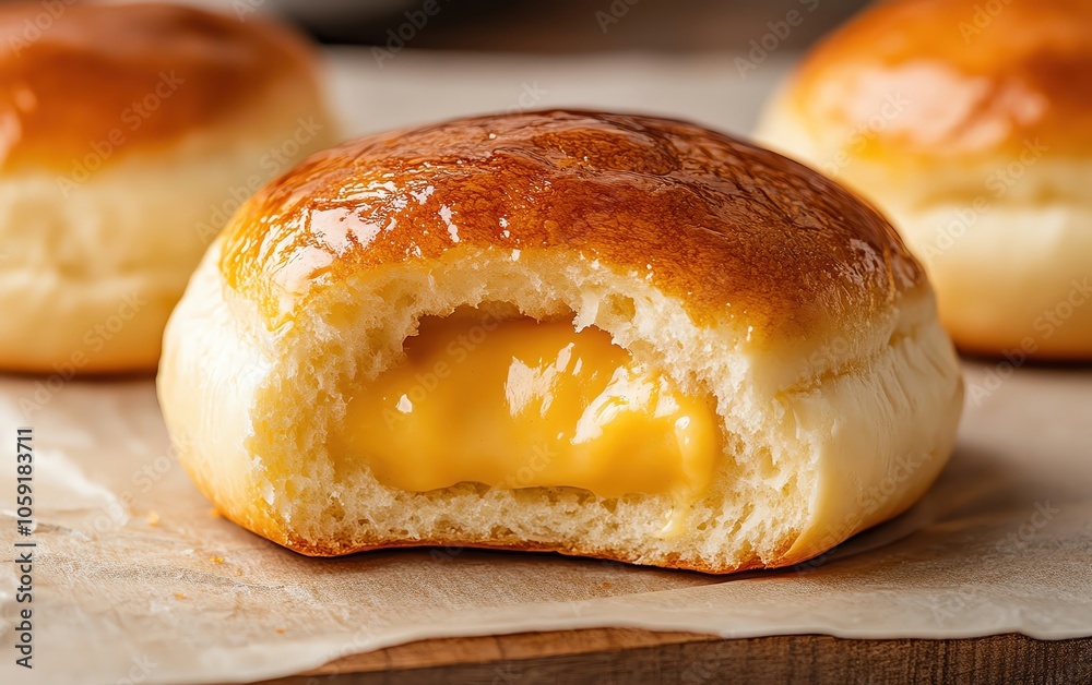 Delicious cream-filled pastry with golden, flaky crust and soft texture, isolated. Delicious cream-filled pastry with golden, flaky crust and soft texture, isolated.