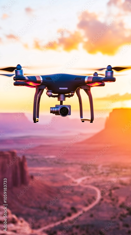 Fototapeta premium A drone with cameras and lights flying over the red desert, with dust clouds rising from below. The sun is setting in the background, casting long shadows on the rugged terrain. High-resolution photog