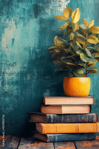 Creative flat lay design featuring colorful leaves and open books on a deep b...