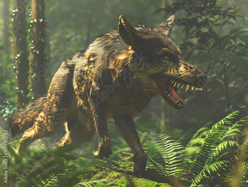 
A large prehistoric mammal resembling a wolf with a long snout and sharp teeth, standing in a dense prehistoric forest with towering trees and lush ferns, mid-motion as if hunting prey, with a dramat photo