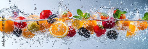 Fresh fruits splash in water, creating vibrant scene filled with strawberries, oranges, lemons, and mint leaves. dynamic movement and bright colors evoke sense of freshness and vitality