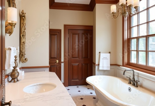 smart Traditional Elegance A classic bathroom with a white marbl photo