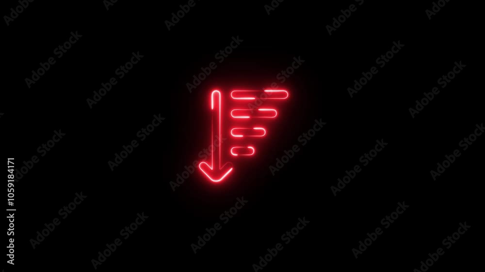 Neon Arrow Down Small Big Icon Isolated on Black Background. Glowing Navigation Symbol Neon Arrow Down Small Big Icon Isolated on Black Background. Glowing Navigation Symbol