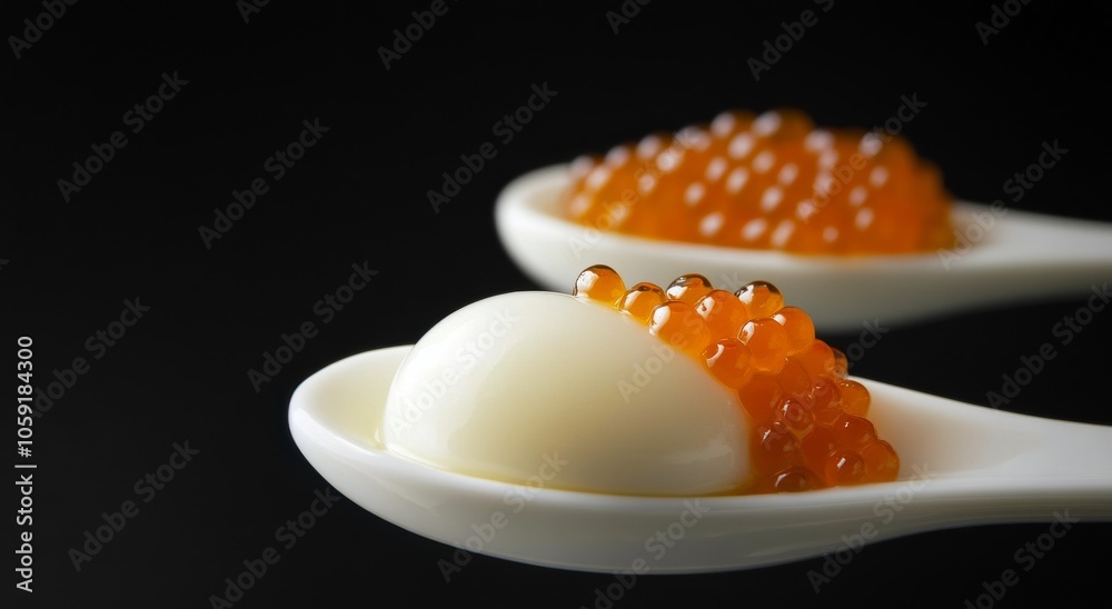 Elegant culinary arrangement of caviar on white spoons with a spherical element Elegant culinary arrangement of caviar on white spoons with a spherical element